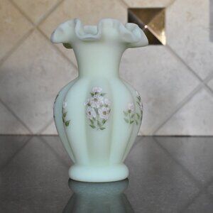 FENTON Glass Vase Matte Green Signed 45 years  Vintage Hand Painted